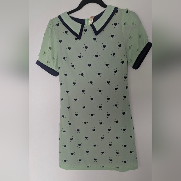 Alice Moon Light Mint Blue Mini Mod Heart Dress Short Sleeve Collar Size S - Picture 3 of 11